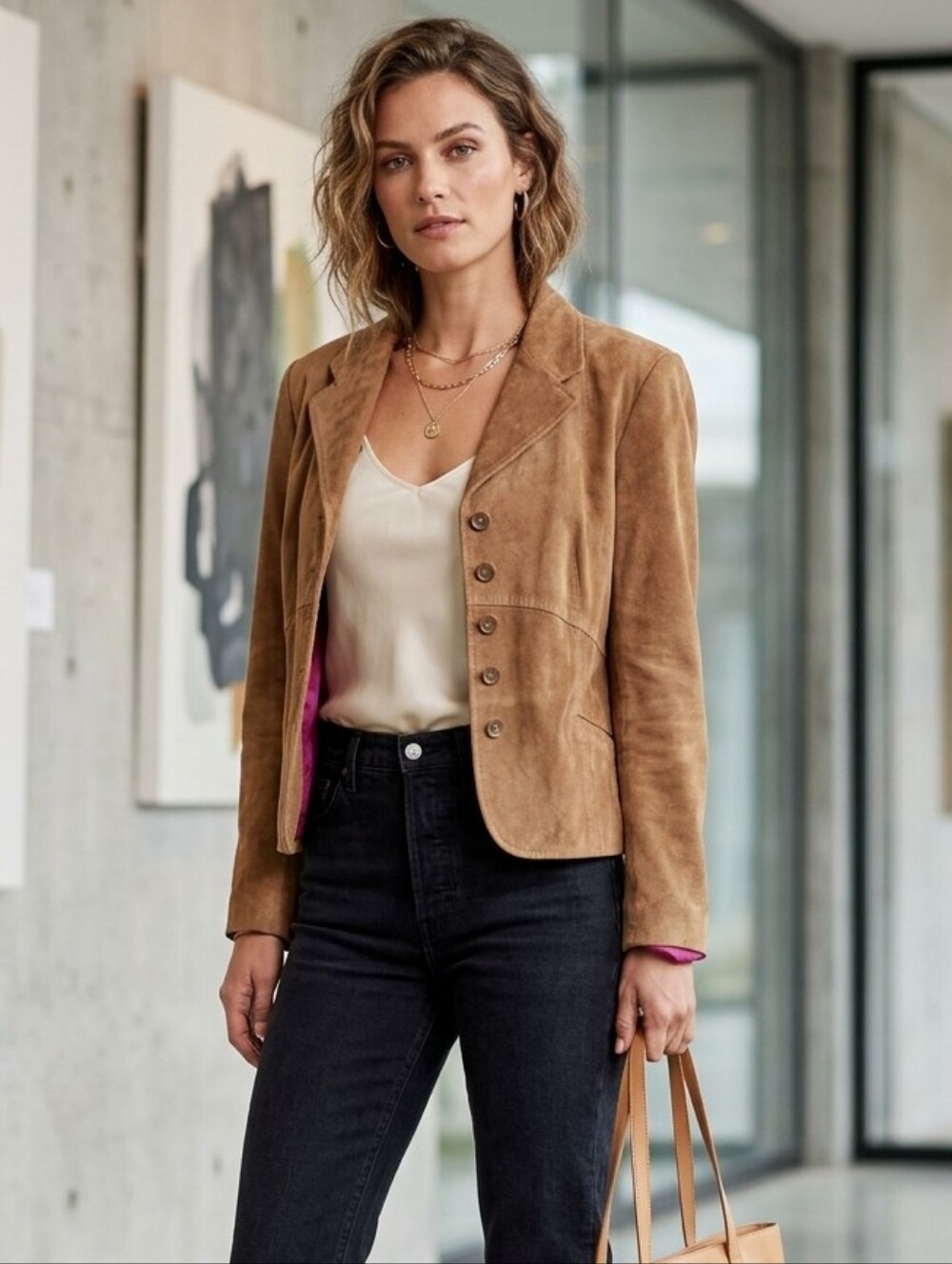 Vintage Women's Suede Button-Front Blazer Jacket - Tan Size L